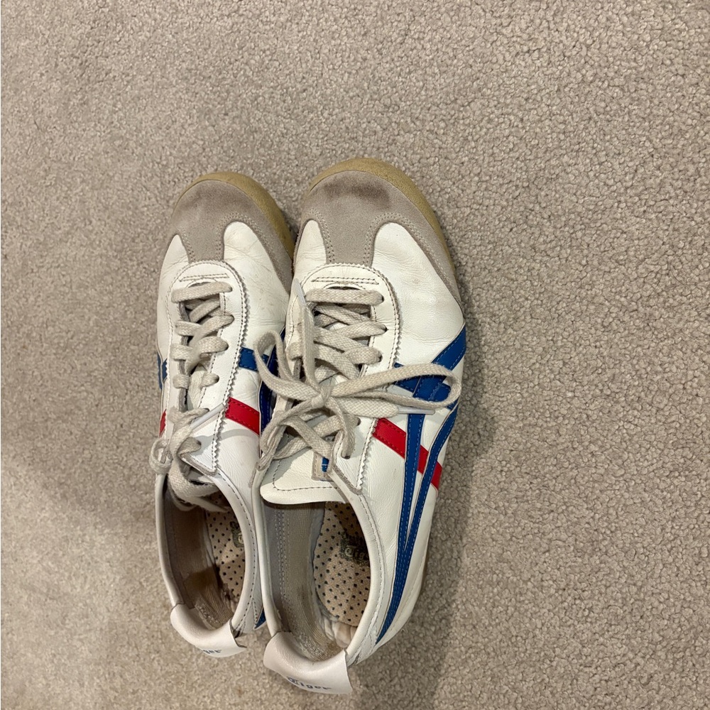 Women's White Sneakers with Blue and Red Stripes